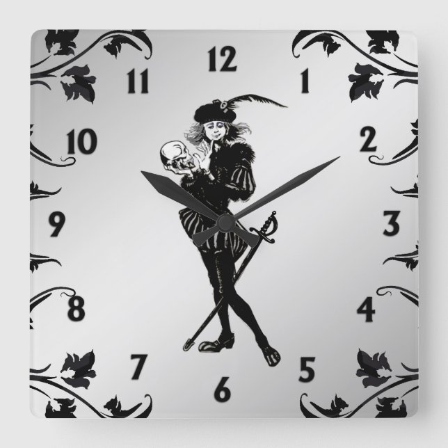 Hamlet The Bard Silver Black Numbers Square Wall Clock (Front)