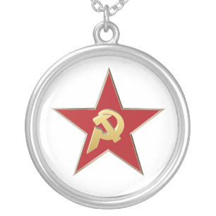 Hammer and sickle into the red star silver plated necklace