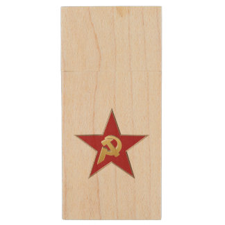 Hammer and sickle into the red star wood flash drive
