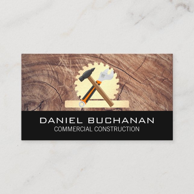 Hammer and Wrench | Buzz Saw / Wood Grain Business Card (Front)