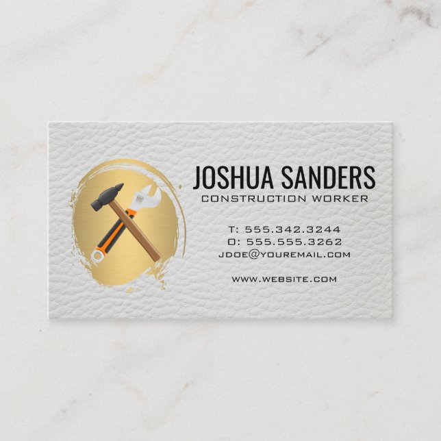 Hammer and Wrench | Gold Brushed Leather Business Card (Front)