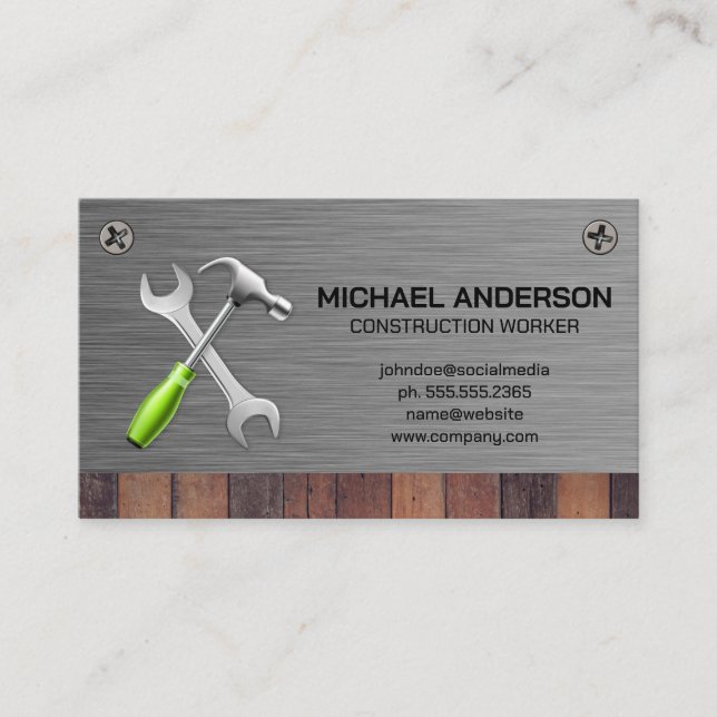 Hammer and Wrench | Wood Metal Screws Business Card (Front)