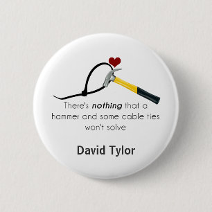 Hammer and zap-strap pinback button