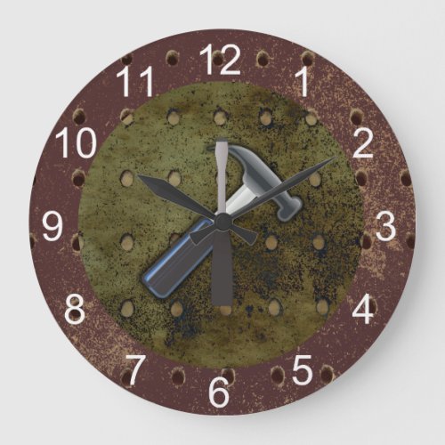 Hammer Screwdriver Pegboard on Aged Background Large Clock