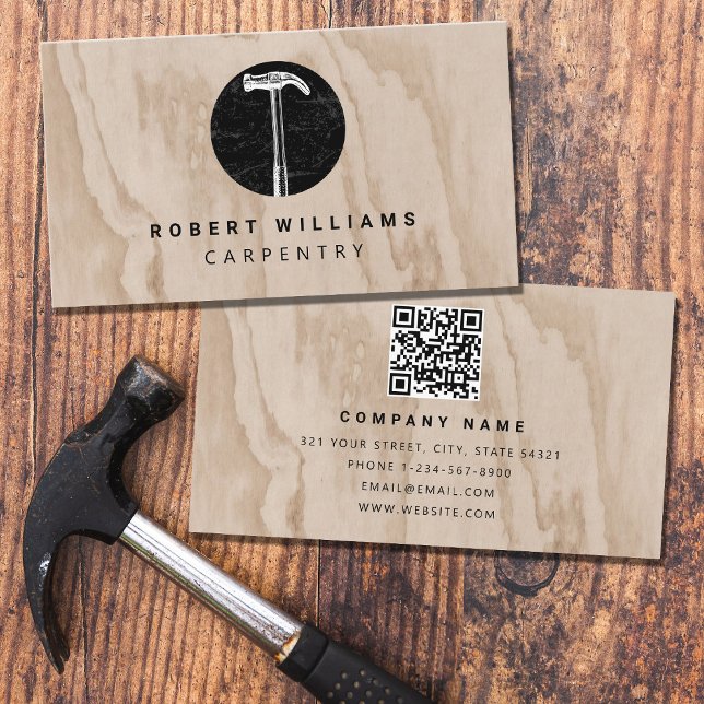 Hammer Wooden Carpenter Construction QR Code  Business Card (Creator Uploaded)