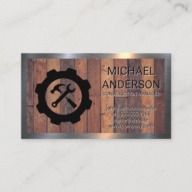 Hammer Wrench Construction | Wooden Boards Business Card (Front)