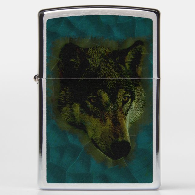 Hammered Blue Metal Wolf Zippo Lighter (Front)