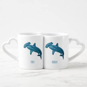 Hammerhead shark cartoon illustration coffee mug set