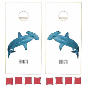 Hammerhead shark cartoon illustration cornhole set