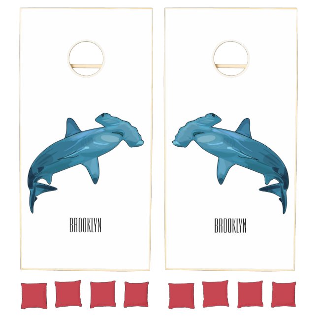 Hammerhead shark cartoon illustration cornhole set (Set)