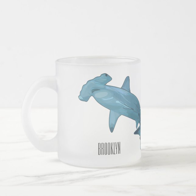 Hammerhead shark cartoon illustration frosted glass coffee mug (Left)