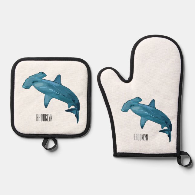 Hammerhead shark cartoon illustration oven mitt & pot holder set (Front)