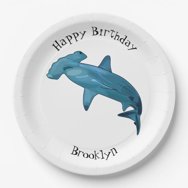 Hammerhead shark cartoon illustration paper plates (Front)
