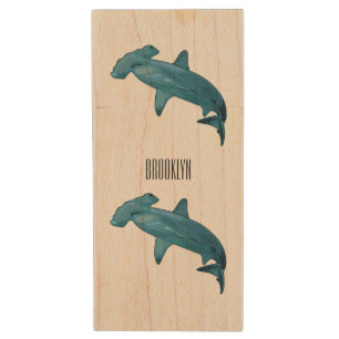 Hammerhead shark cartoon illustration wood flash drive