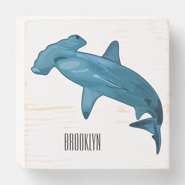 Hammerhead shark cartoon illustration wooden box sign (Front Horizontal)