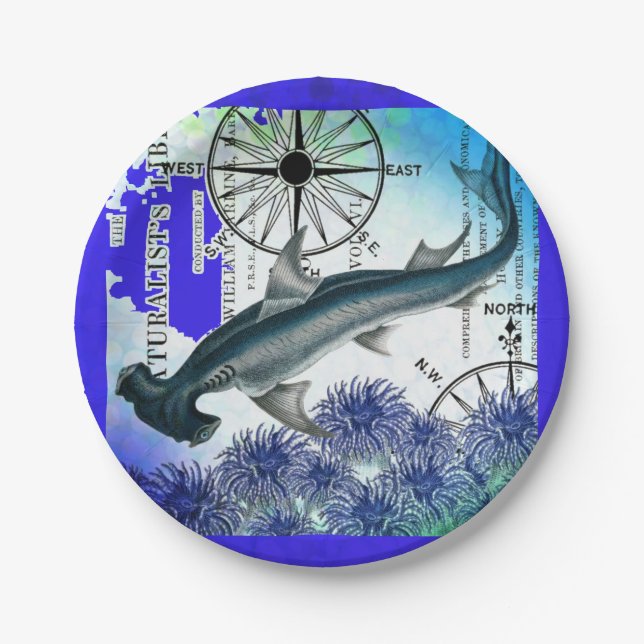Hammerhead Shark Nautical Collage Underwater Blue Paper Plates (Front)