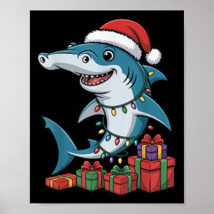 Hammerhead Shark Santa Hat Christmas Funny Marine Poster