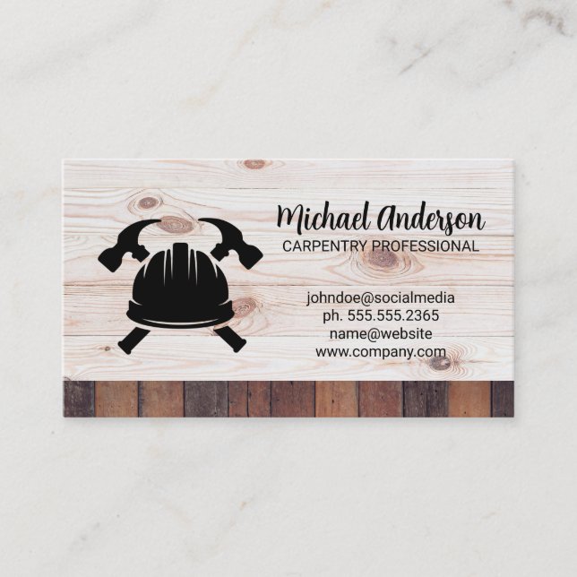 Hammers and Hardhat | Wood Business Card (Front)