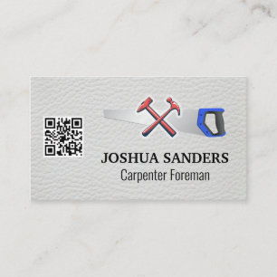 Hammers and Saw White Leather QR Code Business Card