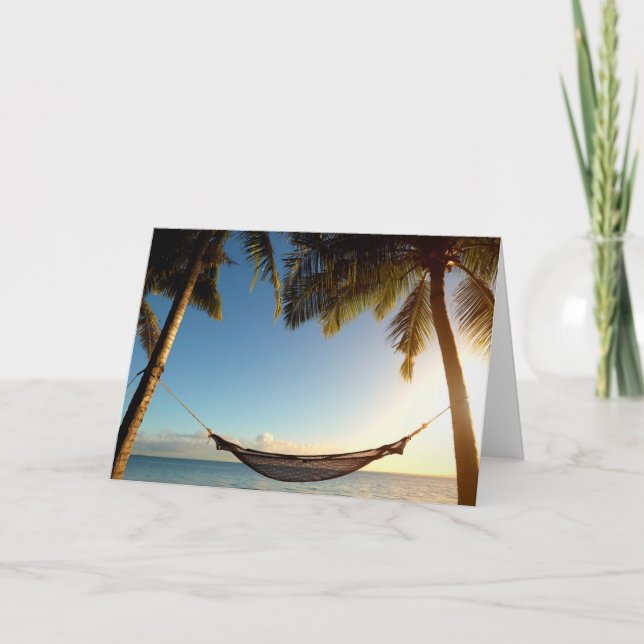Hammock Between Palm Trees on Tropical Beach Card (Front)