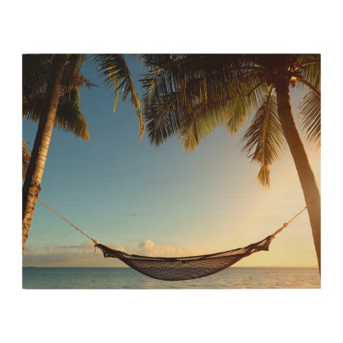 Hammock Between Palm Trees on Tropical Beach Wood Wall Art