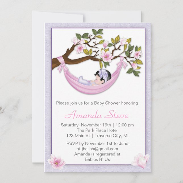 Hammock Girl Baby Shower Invitation - Black Hair (Front)
