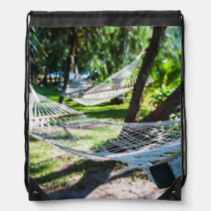 Hammock on the beach, Fiji Drawstring Bag