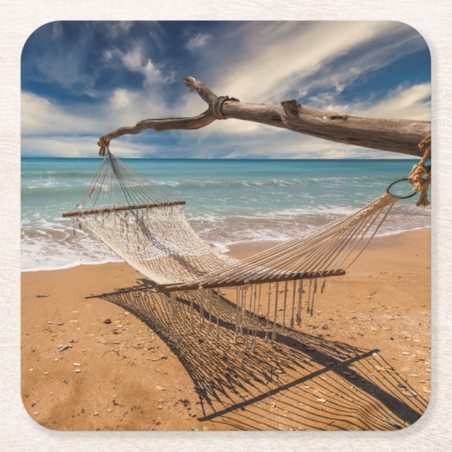 Hammock on the Shore Square Paper Coaster (Front)