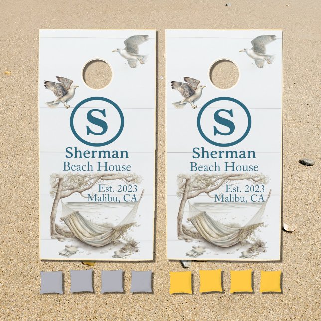 Hammock Scene Beach House Rustic Wood Family Name Cornhole Set (Creator Uploaded)