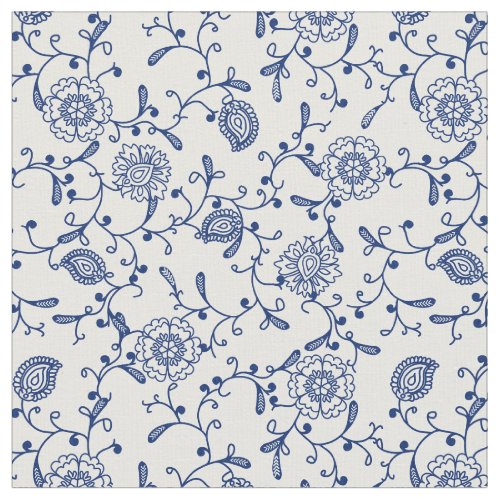 Hamptons Aesthetic Blue White Floral Boho Pattern Fabric