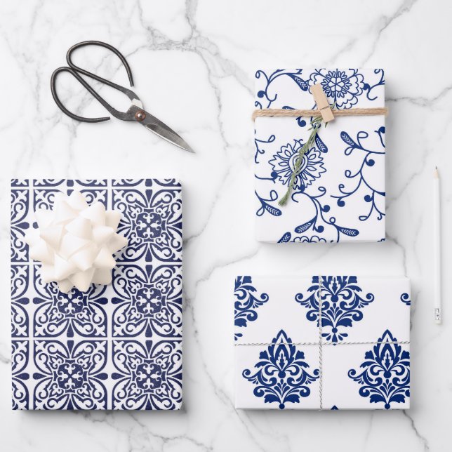 Hamptons Blue and White Chic Patterned Wrapping Paper Sheets (Front)