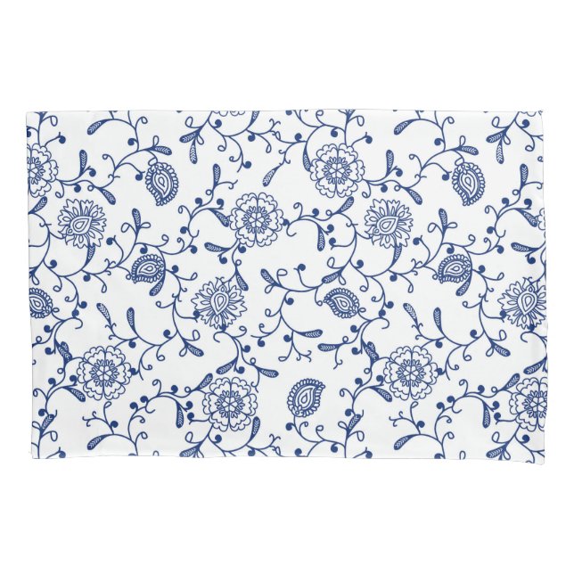 Hamptons Blue and White Floral Pattern Pillow Case (Front-Left)