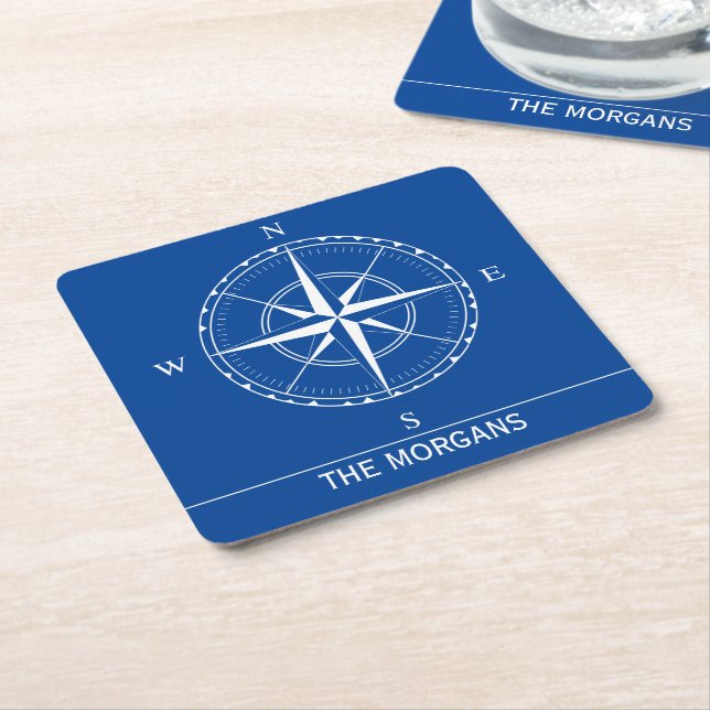 Hamptons Blue and White Ships Compass Nautical Square Paper Coaster (Angled)