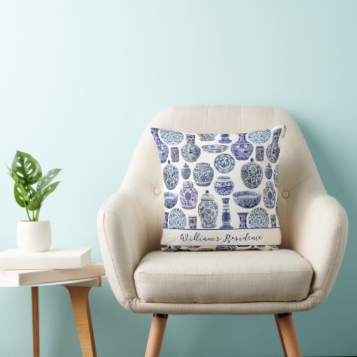 Hamptons Chinoiserie Ginger Jars Patterned Throw Pillow