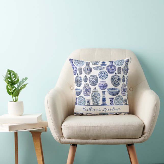 Hamptons Chinoiserie Ginger Jars Patterned Throw Pillow (Chair)