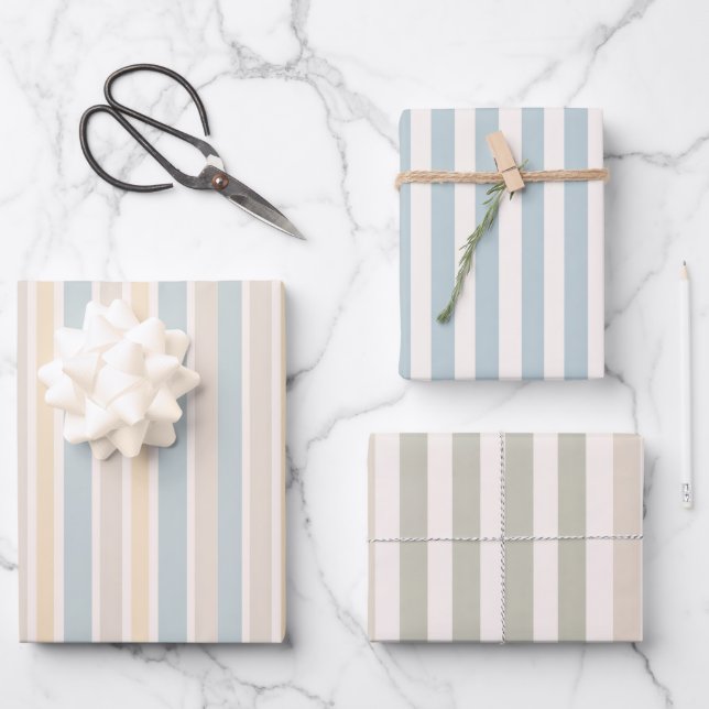 Hamptons Duck Egg Blue & Sage Stripes Wrapping Paper Sheets (Front)