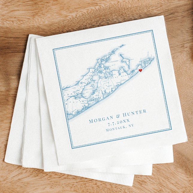 Hamptons Montauk Elegant Oyster Blue Wedding Napkins (Elegant Montauk NY Wedding napkins in Oyster Blue with Hamptons map by Coastal Map Designs)