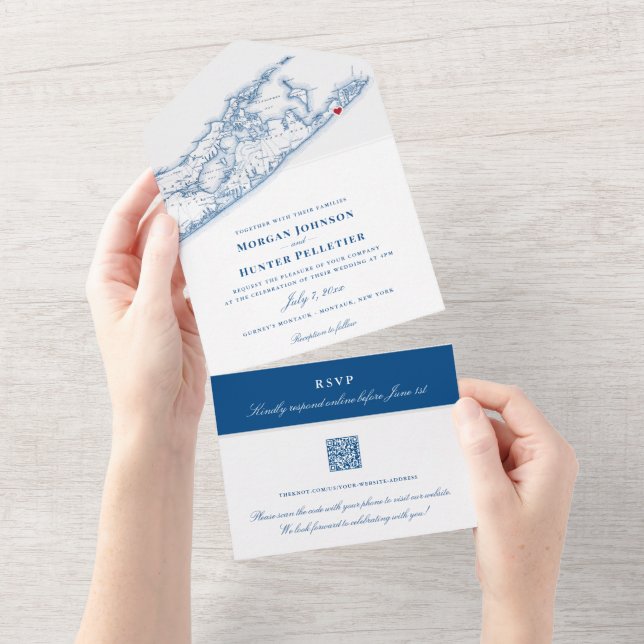 Hamptons Montauk Map Elegant QR code Wedding All In One Invitation (Tearaway)