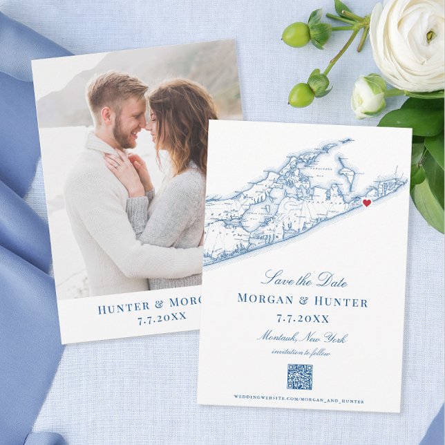 Hamptons Montauk Wedding Elegant QR code Save The Date (Montauk Save the Dates in navy blue with QR code perfect for your Hamptons destination wedding.)
