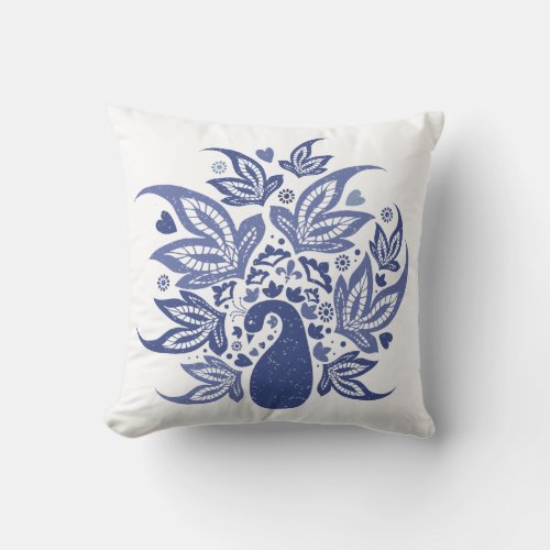 Hamptons Style Blue and White Bohemian Peacock Throw Pillow