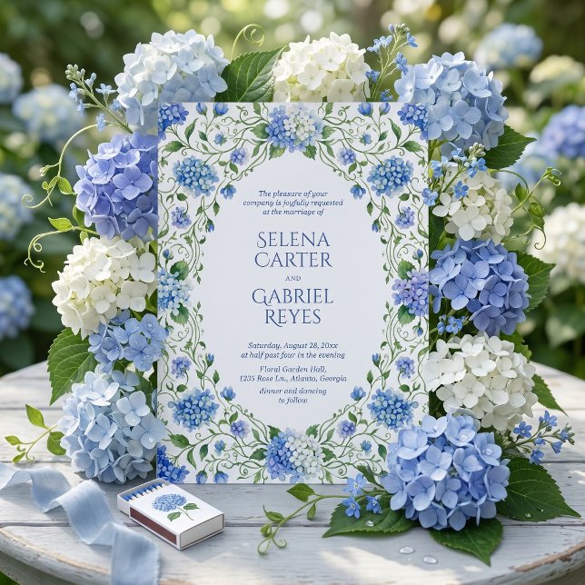 Hamptons Style Blue Hydrangea Watercolor Wedding Invitation (Creator Uploaded)