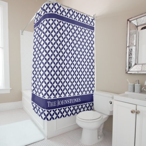 Hamptons Style Montauk Geometric Blue and White Shower Curtain