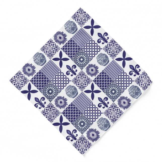 Hamptons Style Navy Blue White Patchwork Patterned Bandana (Front)