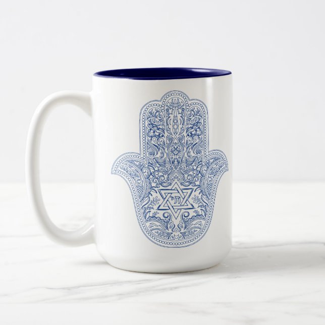 Hamsa Coffee Mug - Blue & White - Judaica Gifts (Left)