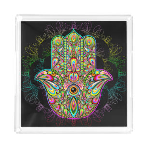 Hamsa Fatma Hand Psychedelic Art Acrylic Tray