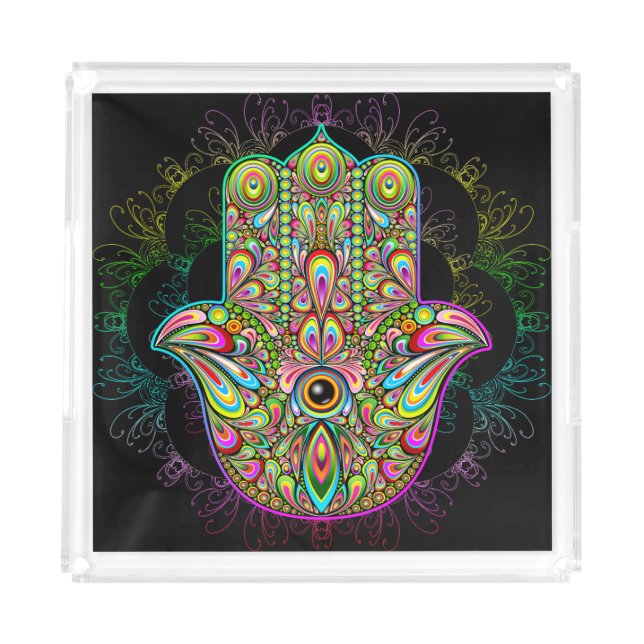 Hamsa Fatma Hand Psychedelic Art Acrylic Tray (Front)