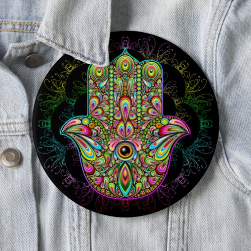 Hamsa Fatma Hand Psychedelic Art Button