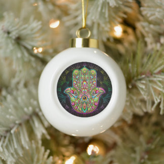 Hamsa Fatma Hand Psychedelic Art Ceramic Ball Christmas Ornament