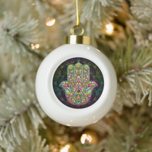 Hamsa Fatma Hand Psychedelic Art Ceramic Ball Christmas Ornament