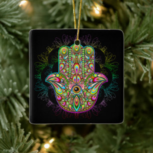 Hamsa Fatma Hand Psychedelic Art Ceramic Ornament